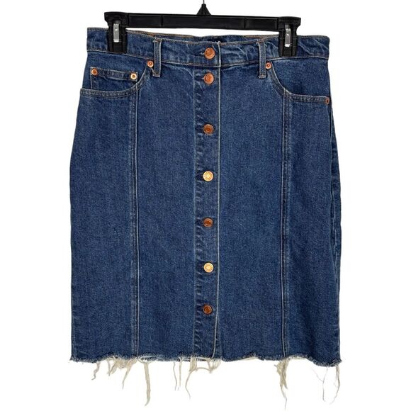 Gap High Rise Denim Button Front Jean Skirt Raw Hem Women's 28 Tall - Picture 2 of 5